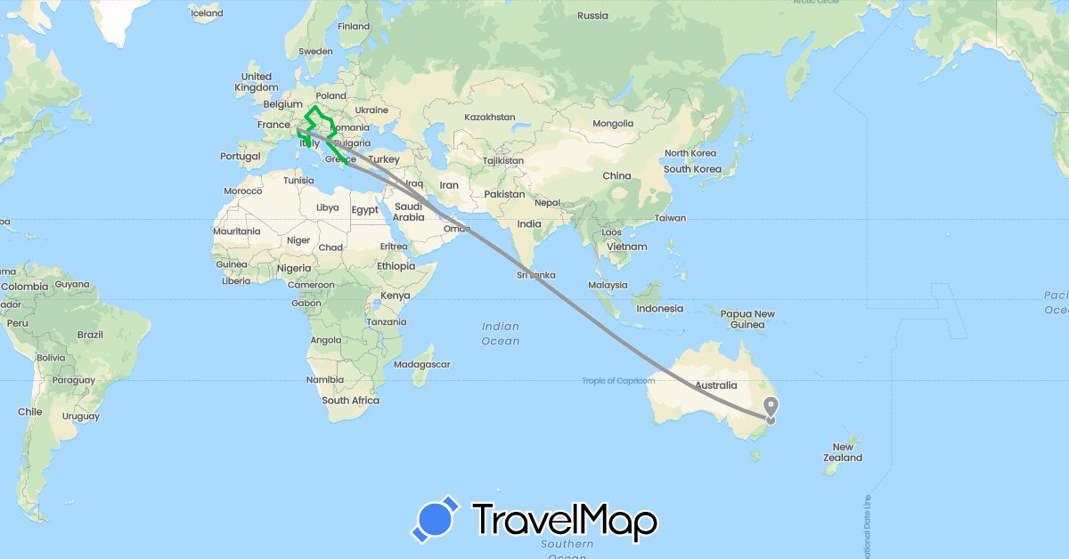 TravelMap itinerary: driving, bus, plane in Albania, Austria, Australia, Bosnia and Herzegovina, Czech Republic, Germany, Greece, Croatia, Hungary, Italy, Qatar, Serbia, Slovenia (Asia, Europe, Oceania)